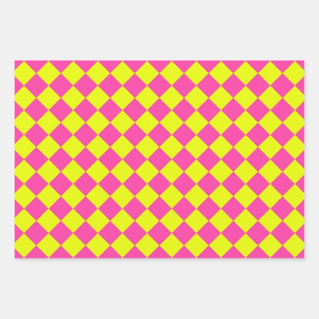 Yellow Pink Diamond Chequered Pattern Wrapping Paper Sheet (Front)