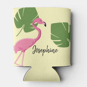 Yellow Pink flamingo Name Destination Wedding Can Cooler