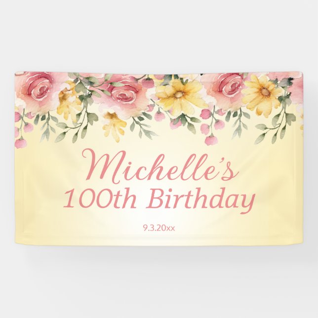 Yellow Pink Floral 100th Birthday Party Banner (Horizontal)