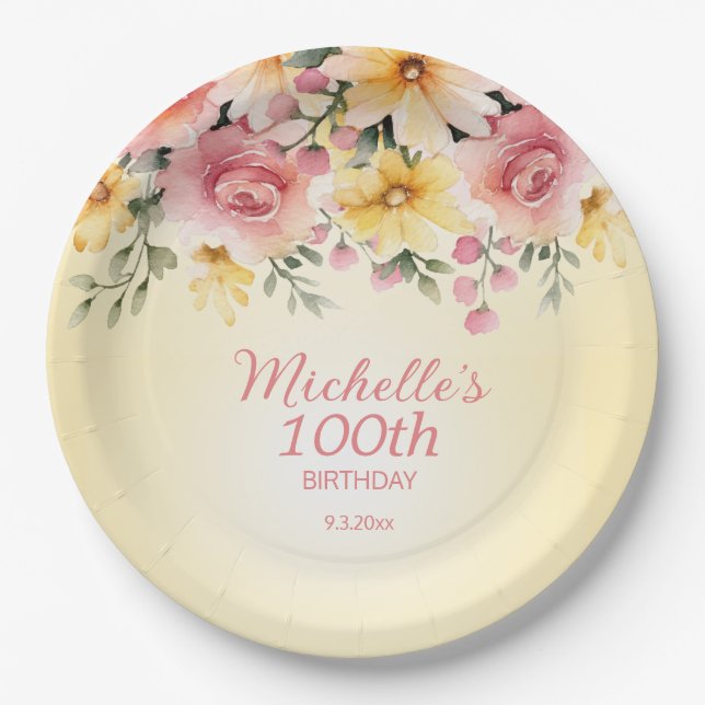 Yellow Pink Floral 100th Birthday Party Paper Plate (Front)