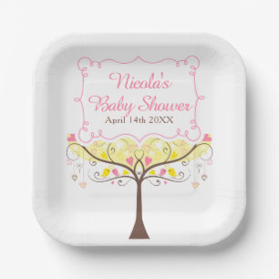 Yellow Pink Floral Bird Baby Shower Paper Plate
