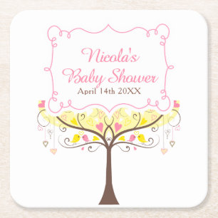 Yellow Pink Floral Bird Baby Shower Square Paper Coaster