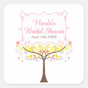 Yellow Pink Floral Bird Bridal Shower  Square Sticker