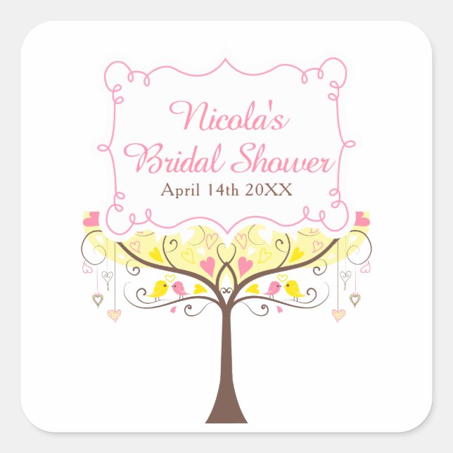 Yellow Pink Floral Bird Bridal Shower  Square Sticker (Front)