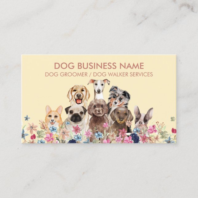 Yellow Pink Floral Botanic Dog Walker Business Card (Front)
