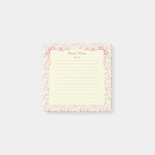 Yellow Pink Floral Coquette Bow Custom Name Post-it Notes (Front)