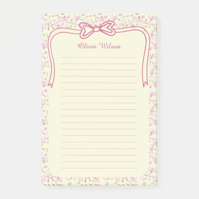 Yellow Pink Floral Coquette Bow Custom Name Post-it Notes (Front)