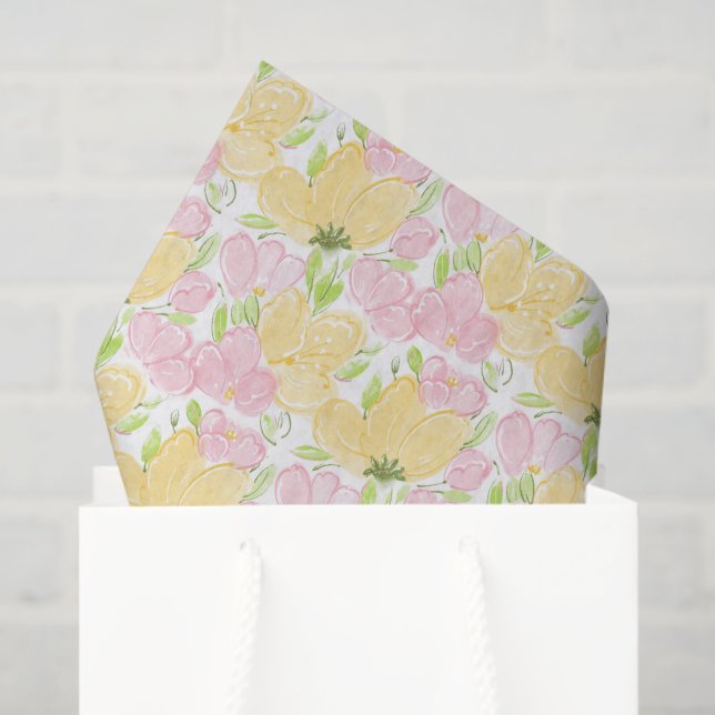 Yellow Pink Floral Decoupage Paper, Flower Garden Tissue Paper (Gift Bag)