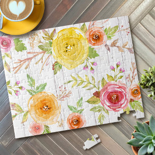 Yellow pink floral watercolor rustic white wood jigsaw puzzle