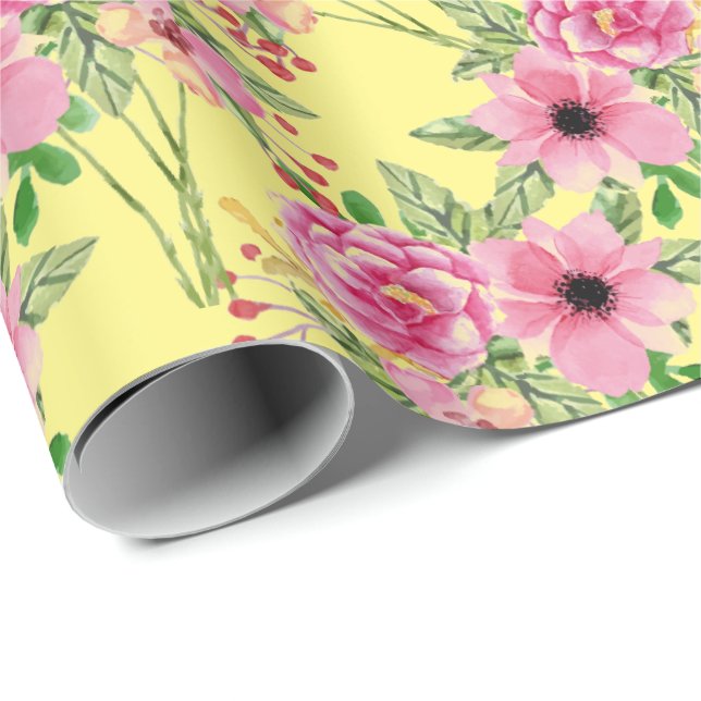 Yellow | Pink Flowers Wrapping Paper (Roll Corner)