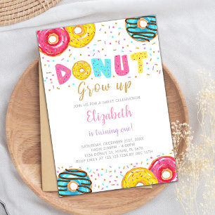 Yellow Pink Green Doughnut Birthday Invitations