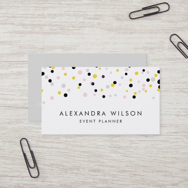 Yellow, Pink, Grey and Black Confetti Dots Modern Business Card (Front/Back In Situ)