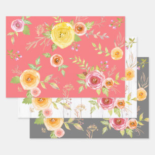 Yellow pink grey floral watercolor rustic elegant wrapping paper sheet