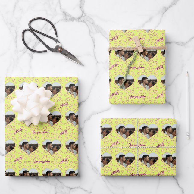Yellow Pink Heart Pattern Photo Monogram Message Wrapping Paper Sheet (Front)