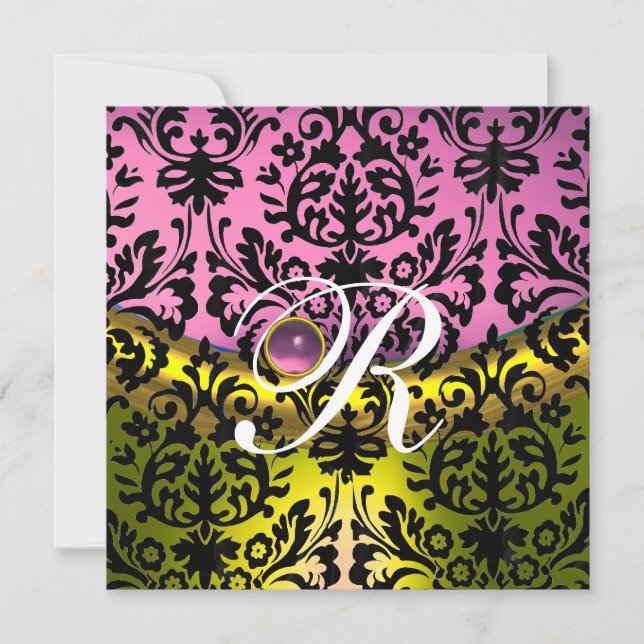 YELLOW PINK LAVENDER BLACK DAMASK MONOGRAM INVITATION (Front)