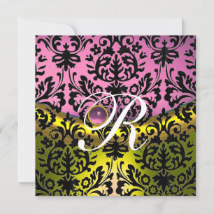 YELLOW PINK LAVENDER BLACK DAMASK MONOGRAM INVITATION
