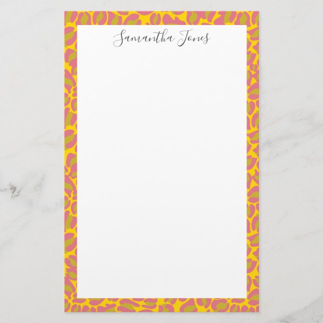 Yellow Pink Leopard print | Personalized Stationery (Front)