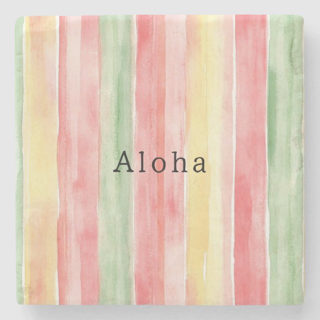 Yellow Pink Mint Stripes Aloha Stone Coaster (Front)