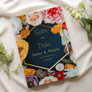 Yellow pink navy blue gold floral Save the Date Invitation