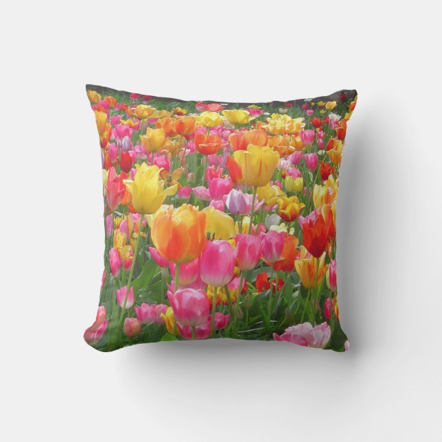 Yellow pink orange red tulips cushion (Front)