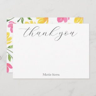 Yellow Pink Orange Watercolor Floral Stems Pattern Thank You Card