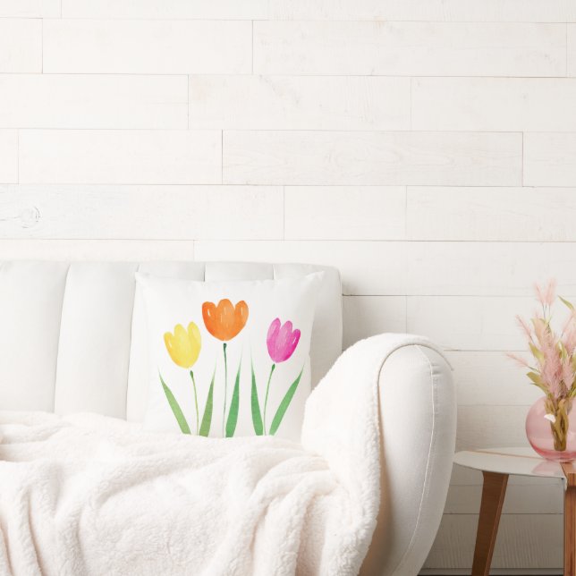 Yellow Pink Orange Watercolor Tulip Stems Cushion (Couch)