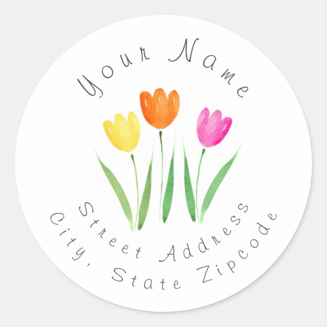 Yellow, Pink, Orange Watercolor Tulip Stems Labels (Front)
