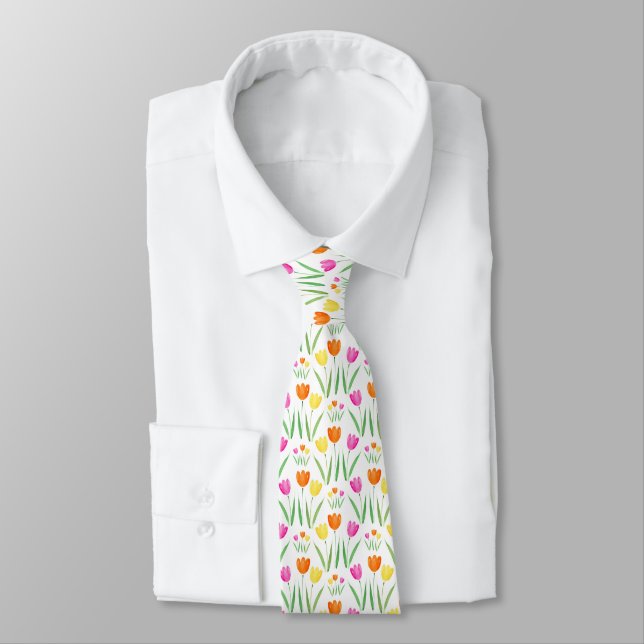  Yellow, Pink, Orange Watercolor Tulips Pattern Tie (Tied)
