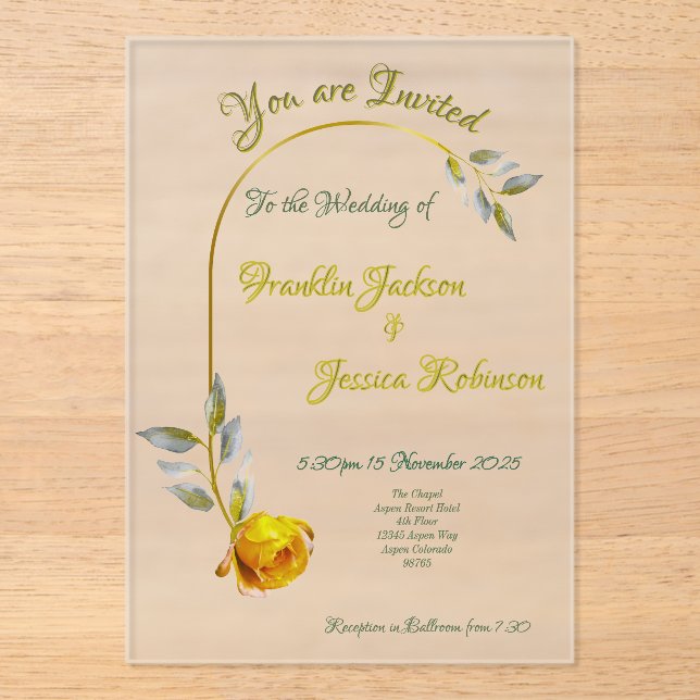 Yellow-Pink Peace Rose w' Pale Green-Gold Wedding Acrylic Invitations (Front)