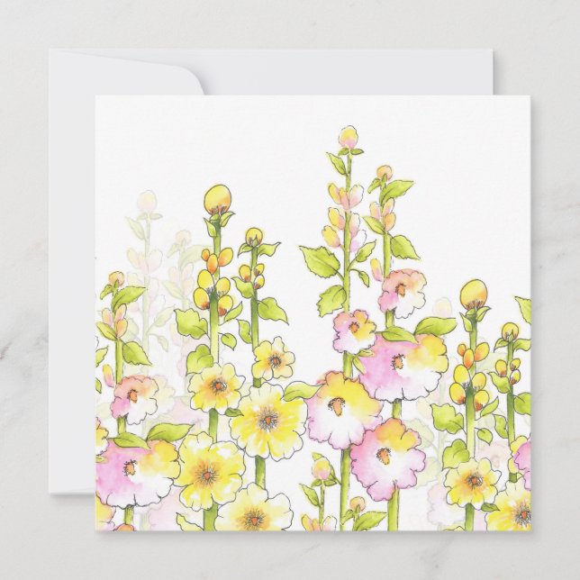 Yellow Pink Pen & Watercolor Field of Hollyhocks   Card (Front)