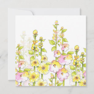 Yellow Pink Pen & Watercolor Field of Hollyhocks   Card