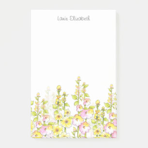 Yellow Pink Pen & Watercolor Field of Hollyhocks   Post-it Notes