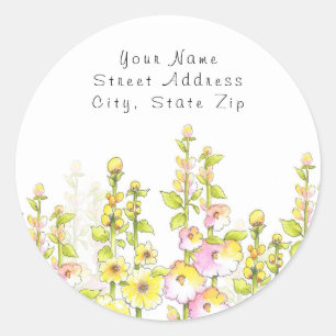 "Yellow Pink Pen & Watercolor Hollyhocks' Labels  
