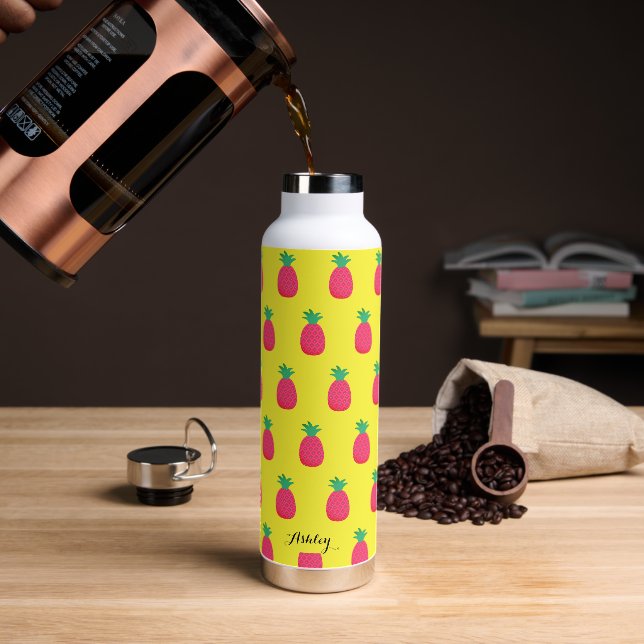 Yellow Pink Pineapple Fruit Pattern Water Bottle (Coffee)