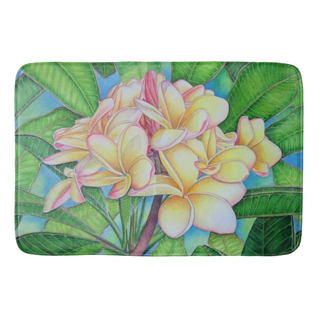 Yellow Pink Plumeria Bath Mat (Front)