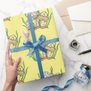 Yellow Pink Pop Art Style Retro Mushroom Birthday  Wrapping Paper