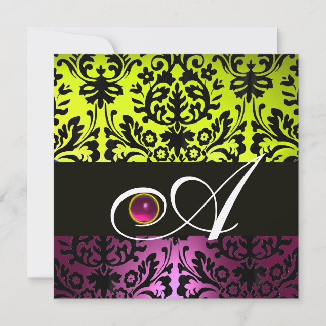 YELLOW PINK PURPLE BLACK DAMASK MONOGRAM Amethyst Invitation (Front)