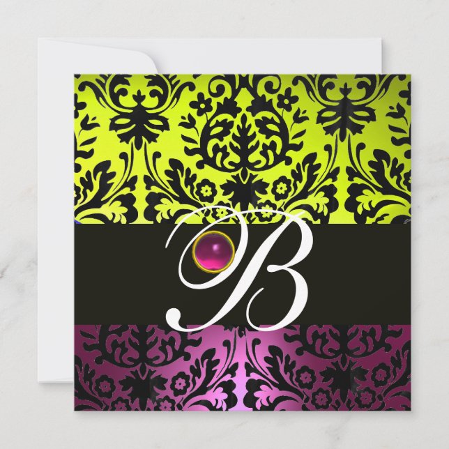 YELLOW PINK PURPLE BLACK DAMASK MONOGRAM Amethyst Invitation (Front)