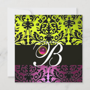 YELLOW PINK PURPLE BLACK DAMASK MONOGRAM Amethyst Invitation