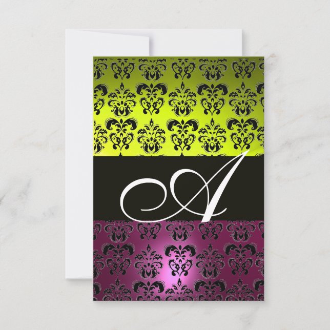 YELLOW PINK PURPLE BLACK  DAMASK MONOGRAM fuchsia Invitation (Front)