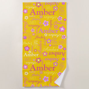 Yellow pink purple girls name Amber flower  Beach Towel