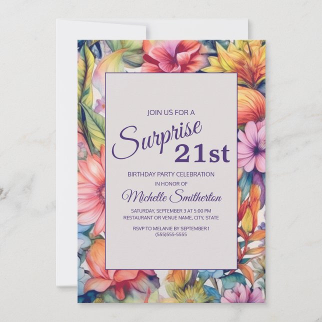 Yellow Pink Purple Watercolor Floral 21st Birthday Invitation (Front)