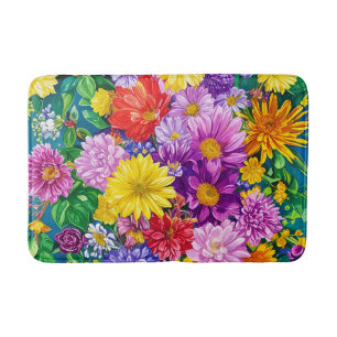 Yellow Pink Red Blue Green Garden Flowers Pattern Bath Mat
