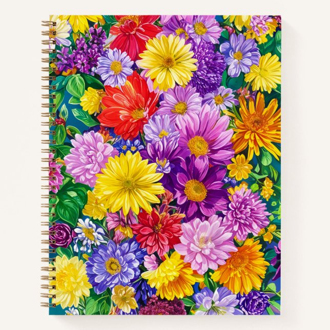 Yellow Pink Red Blue Green Garden Flowers Pattern Notebook (Front)