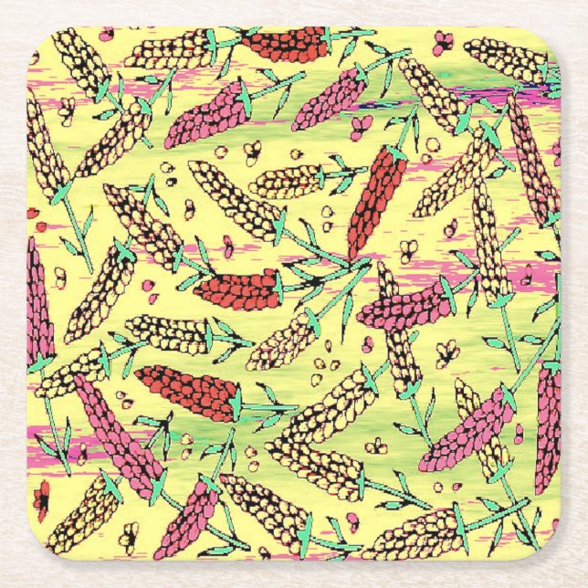 yellow, pink & red pattern square paper coaster (Front)