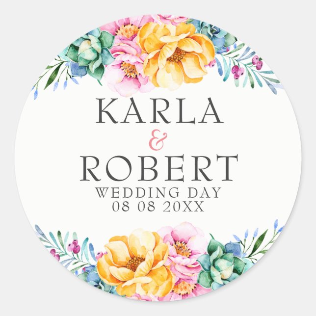 Yellow & Pink Roses Floral Wedding Bouquet Classic Round Sticker (Front)