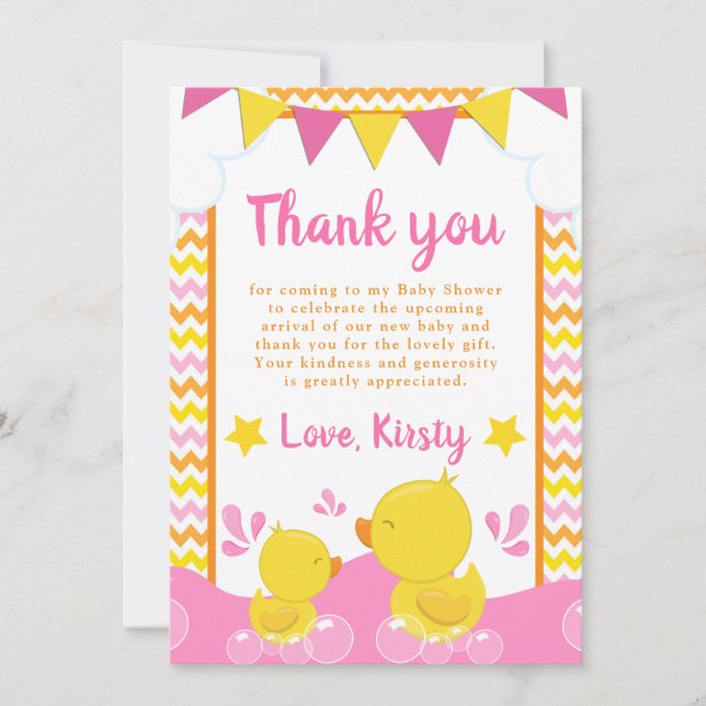 Yellow & Pink Rubber Ducky Polka Dot Baby Shower Thank You Card (Front)