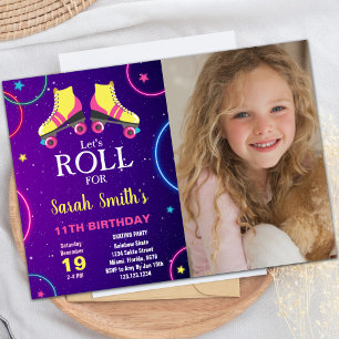 Yellow Pink Skating Birthday Invitations w photo