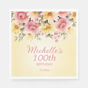 Yellow Pink Springtime Floral 100th Birthday Napkin