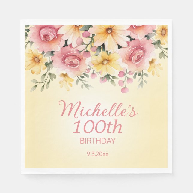 Yellow Pink Springtime Floral 100th Birthday Napkin (Front)